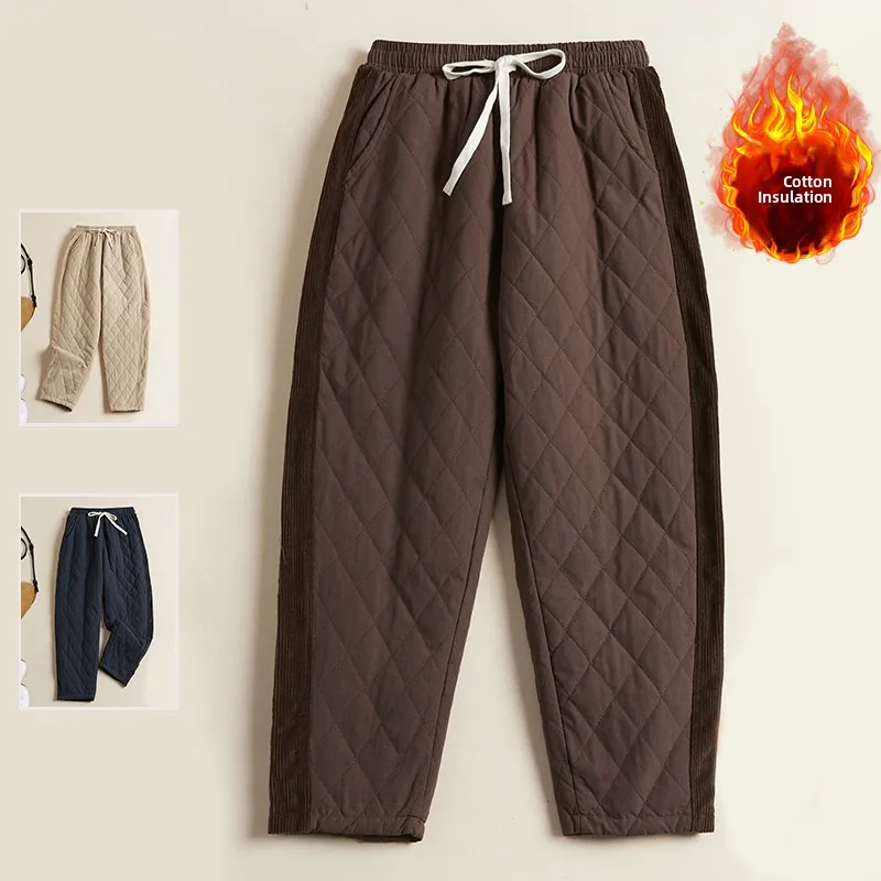 

Retro Diamond Pattern Thiened Cotton Pants Women's plus Size Casual Harlan Trousers with Belt Winter Outerwear