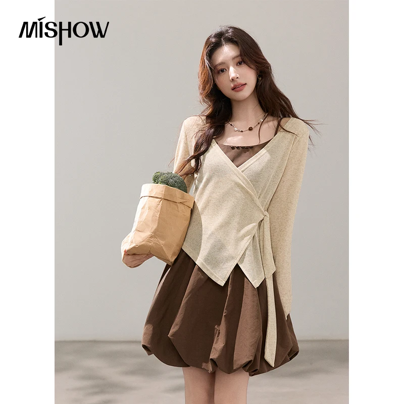 

MISHOW Women's Beige Brown Two Piece Dress Set Knit Wrap Top Camisole Dress Elegant Layered Spring Bulb Skirt Outfit MXF16T1526