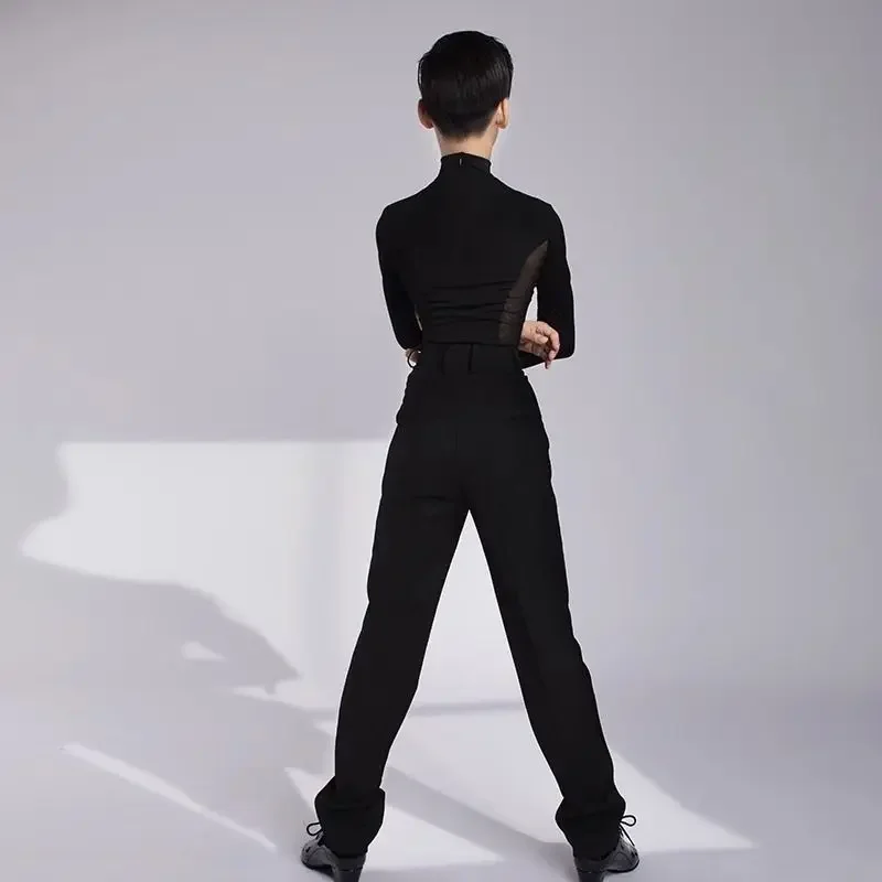 New Kids Boy Latin Dance Costumes Long Sleeve Stage Performance Clothes Long Black Pants Suit Cha Cha Samba Rumba Wear Shirt