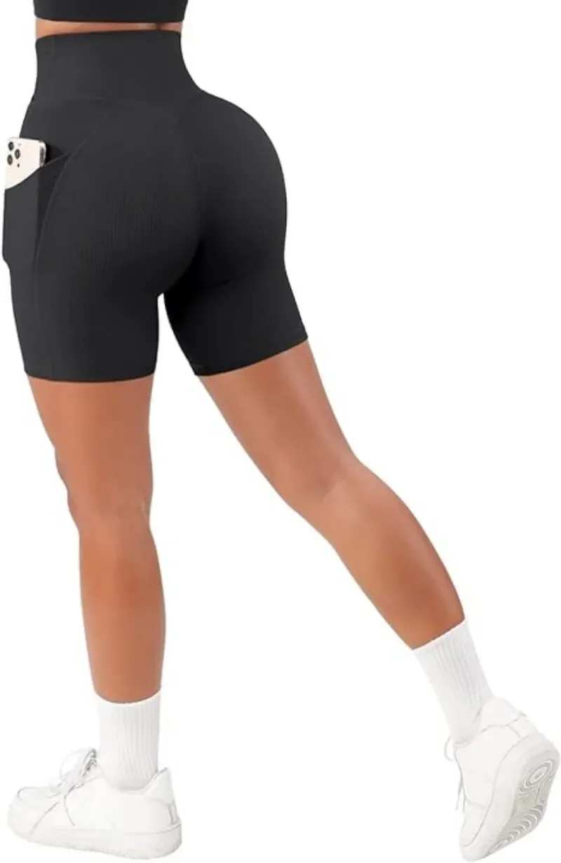 Pantalones cortos deportivos para mujer, pantalones cortos de yoga para entrenamiento cruzado con bolsillos, pantalones cortos de motociclista de cintura alta de 5"
