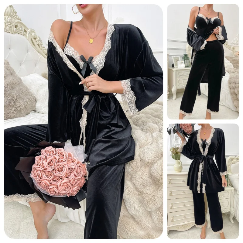 

Black Velvet Lace Patchwork Pajamas Women Three-piece Set Sling Nightgown Long Pants Home Wear Set