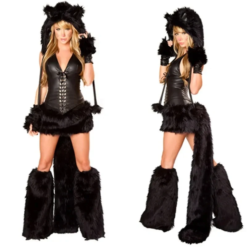 

Hot Sale Black Sexy Animal Costume Cosplay Cat Girl Woman Halloween Cosplay Costume Adult Party Outfit