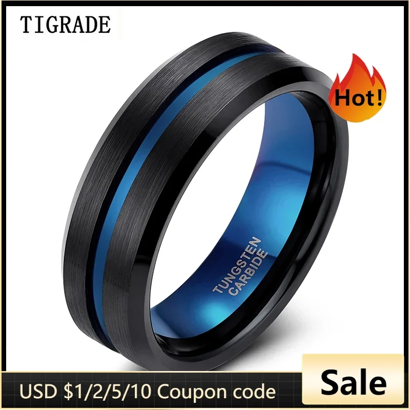 TIGRADE 8mm Men Black Tungsten Carbide Ring Thin Blue Line Wedding Band Vintage Men Jewelry Anime Anel Masculino Aneis Size 6-15