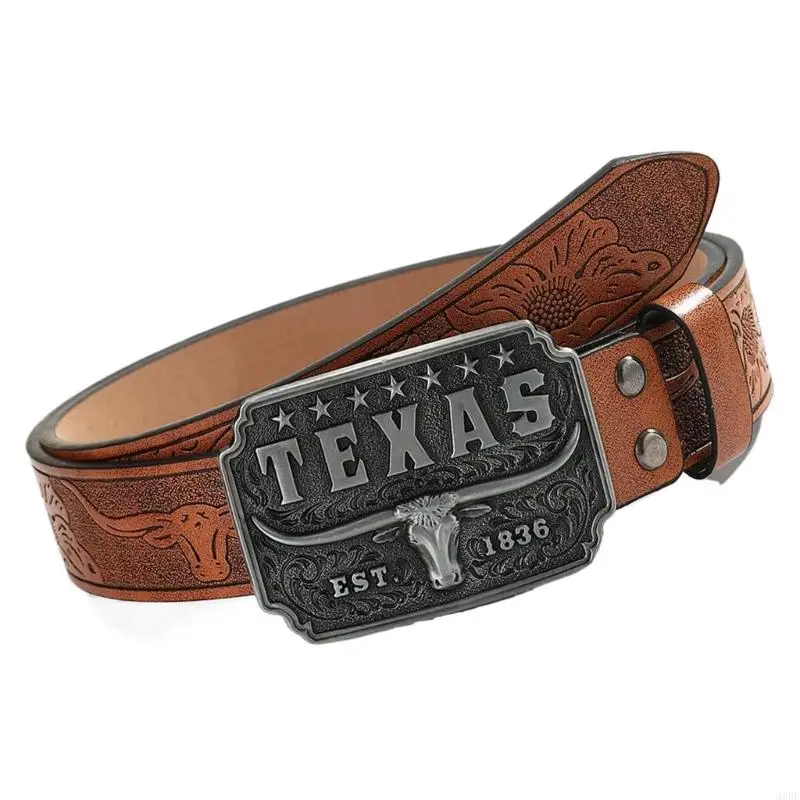 31BF Classical PU Leather Belt Weatern Cowboy Girdle for Men Feature Embossed Charm