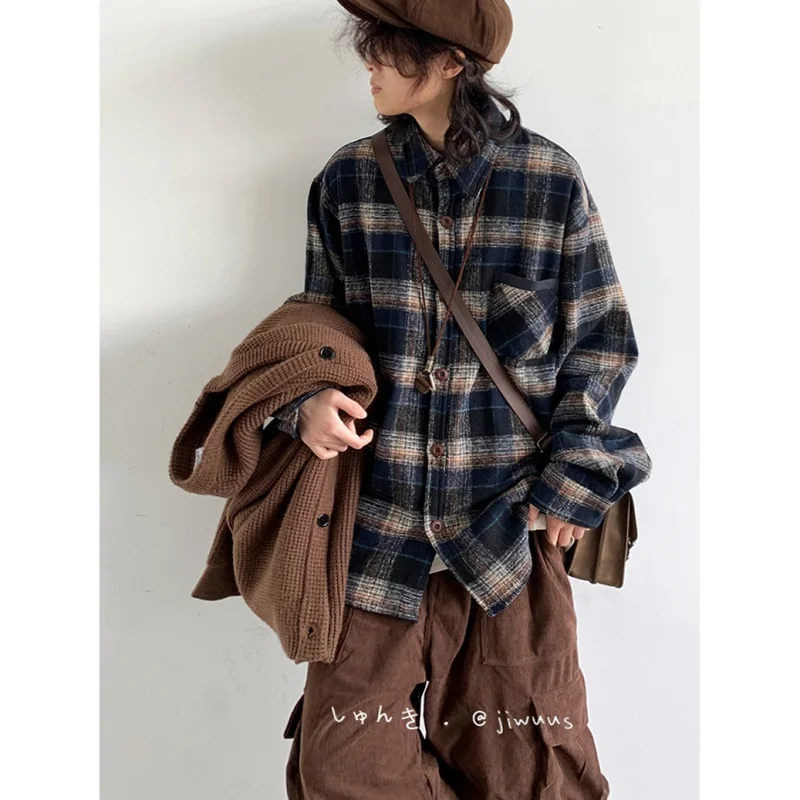 Harajuku Spring Autumn Woolen Plaid Shirt Men's And Women's Japanese Retro Preppy Loose-Fitting Unisex Plaid Long-Sleeved Shirt