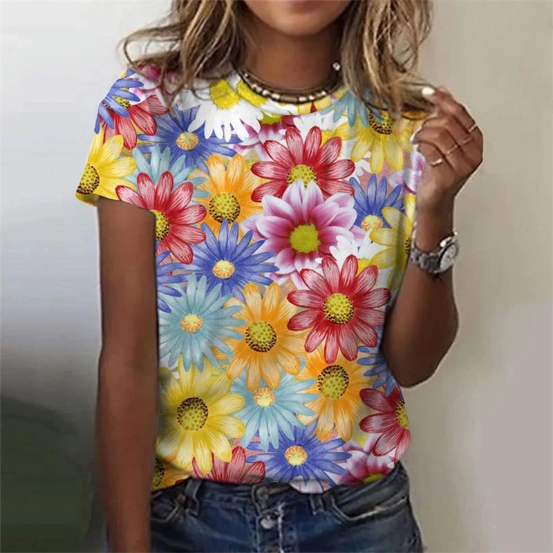 3D Print Elegant Daisy T-shirt For Women Flower Graphic Summer Casual Daily Loose T Shirts All Over Print Fashion Trend Tees