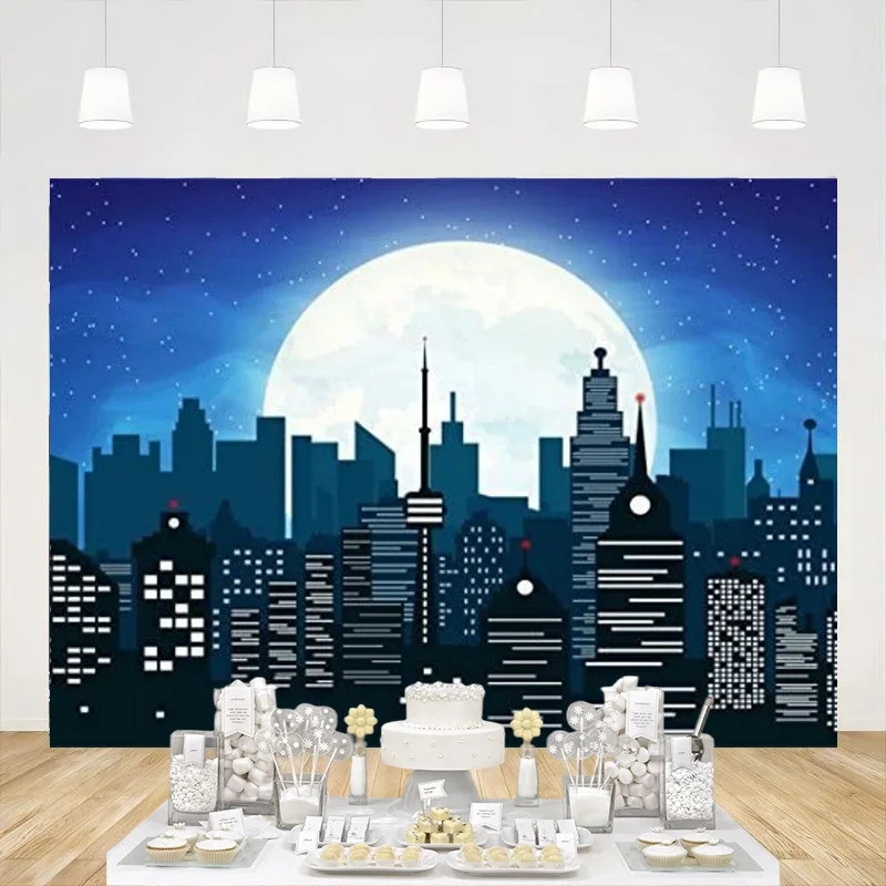 Cartoon Backdrop Modern City Moon Night Urban Building Manor Cityscape Photography Background Kids Portrait Wallpaper Studio