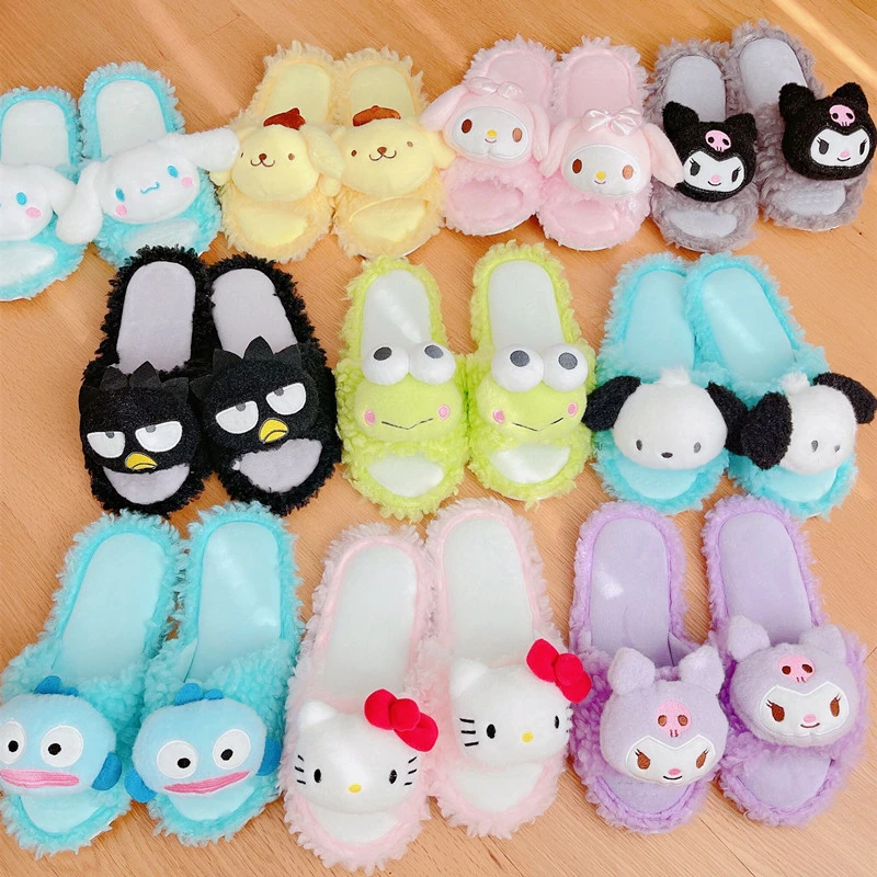 Sanrio Hello Kitty Cute Sweet Warm Home Women's Shoes Kulomie Cartoon Plush Flat Bottom Non-Slip Open Toe Cotton Slippers