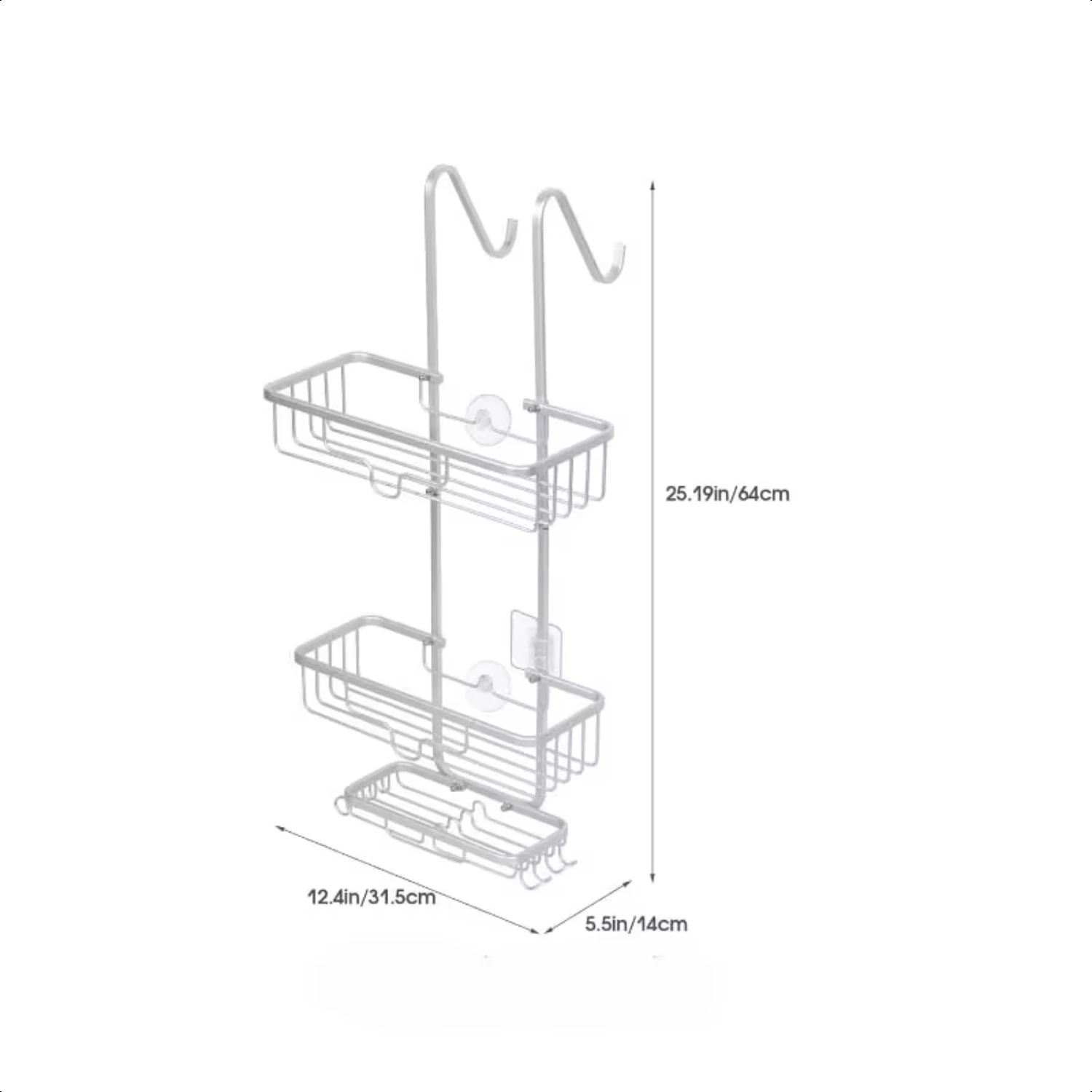 Carrito de ducha sobre la puerta, estante organizador de ducha colgante de 3 niveles, estante de ducha de aluminio con gancho y soporte para jabón