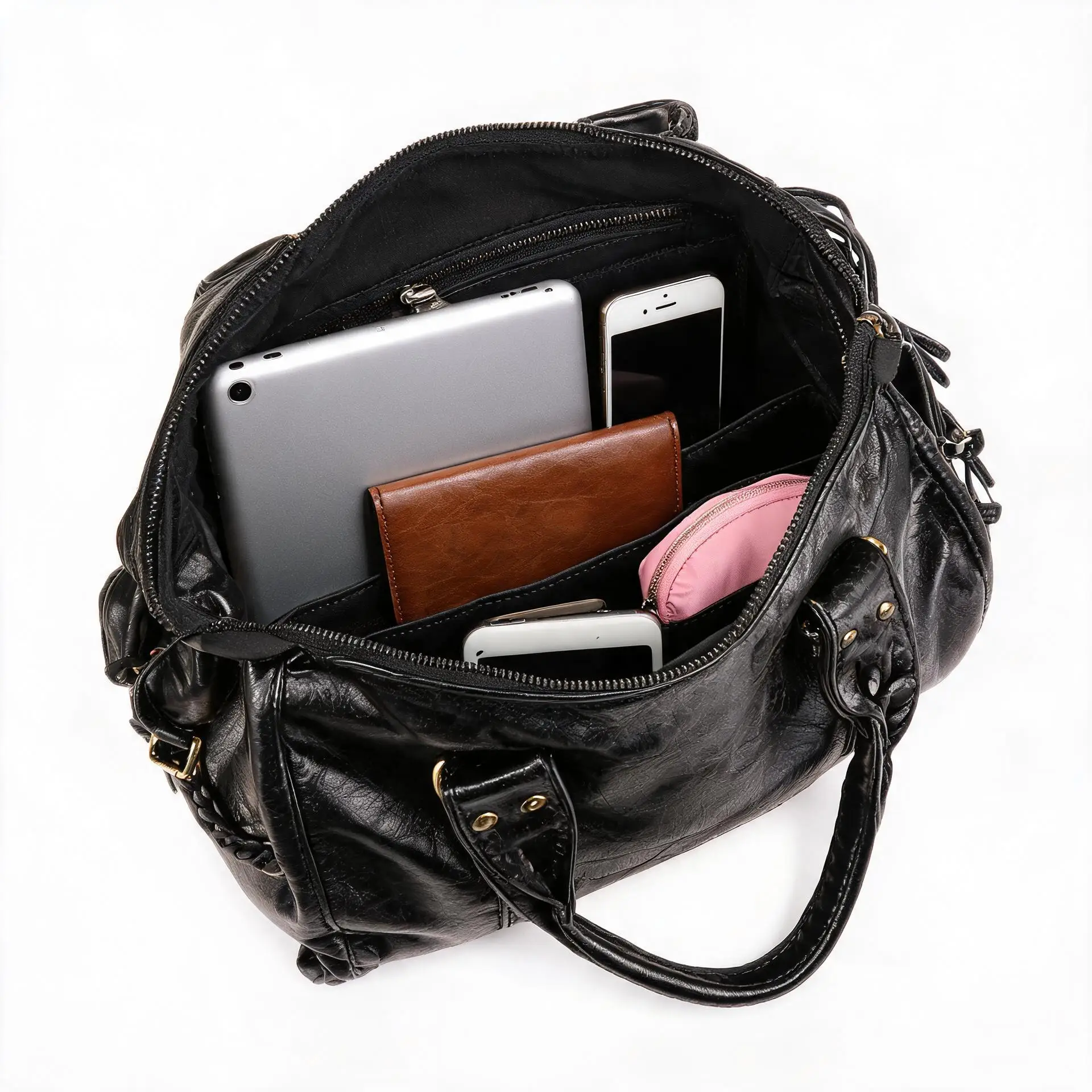 Vintage Shoulder Bag for Women, Vegan Leather Tote, Distressed look, fits 14-inch slim laptop, detachable strap, roomy for work