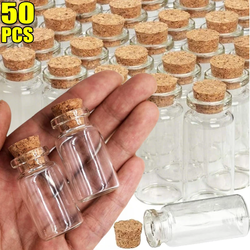 Botellas de vidrio pequeñas con corcho, pequeños frascos de vidrio vacíos, viales de arte artesanal, botellas de deseos transparentes, recuerdos de fiesta de boda y cumpleaños