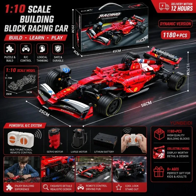 

1:10 Building Block Racing Car Assembly Model 1180pcs+ DIY Static&Dynamic RC Car Kit Toy Kid's and Adults Collect Festival Gifts