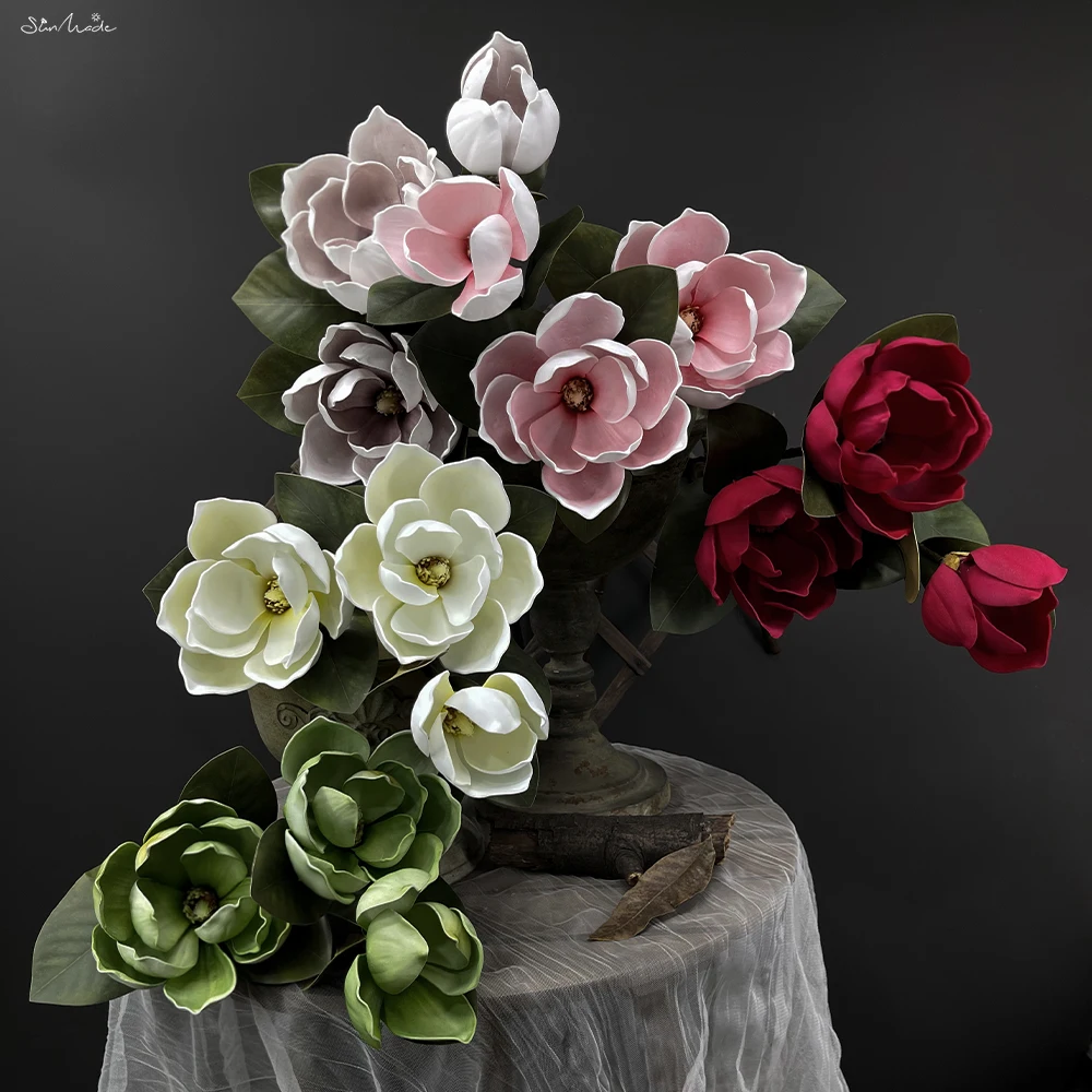 SunMade 3 Heads Magnolia Branch Vintage Artificial Flowers Home Wedding Decoration Fall Decor Green Flower Flores Artificiales