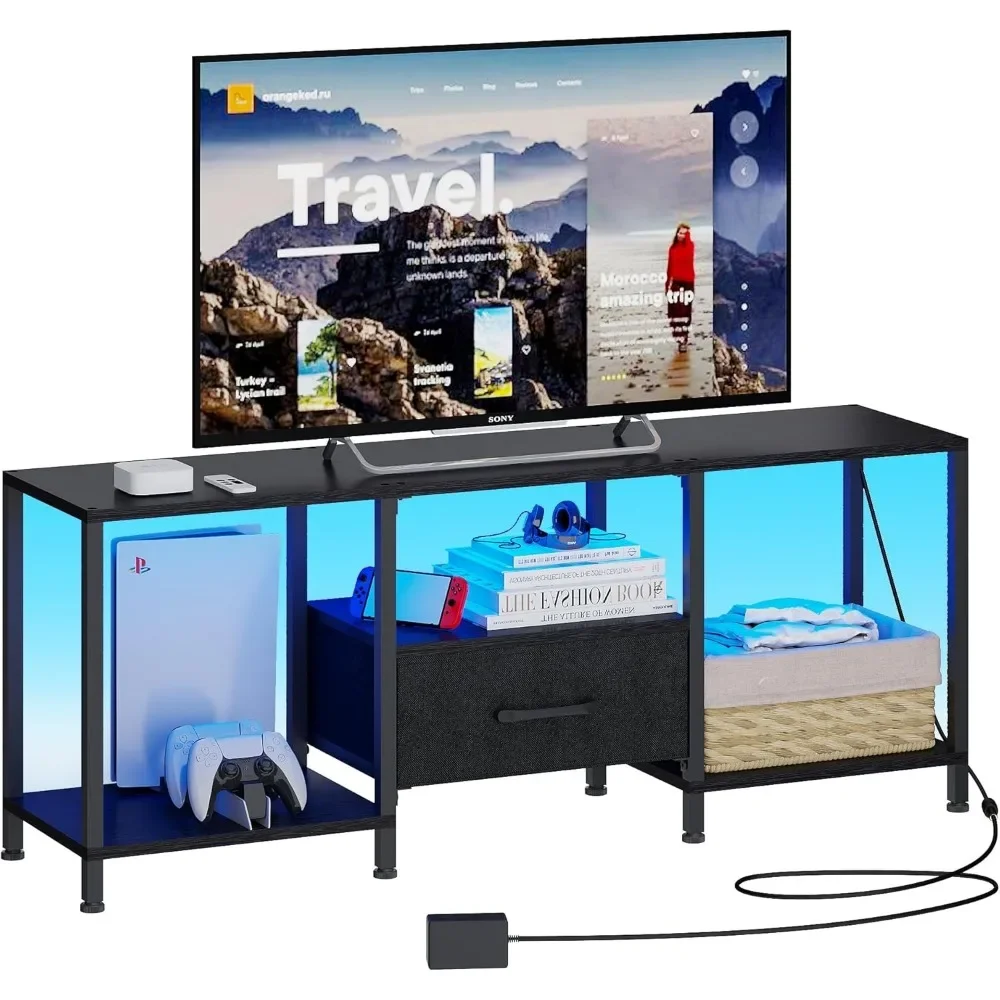 

LED TV Stand with Open Shelves and Fabric Drawer, Entertainment Center for 55 Inch TVs in Black