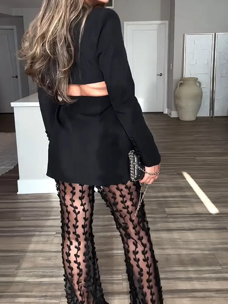 Deep V Neck Spring Summer Matching Sets, Women Holiday Hollow Out Jackets Trousers Outfit, 2025 Long Sleeve Simple Ladies Suits