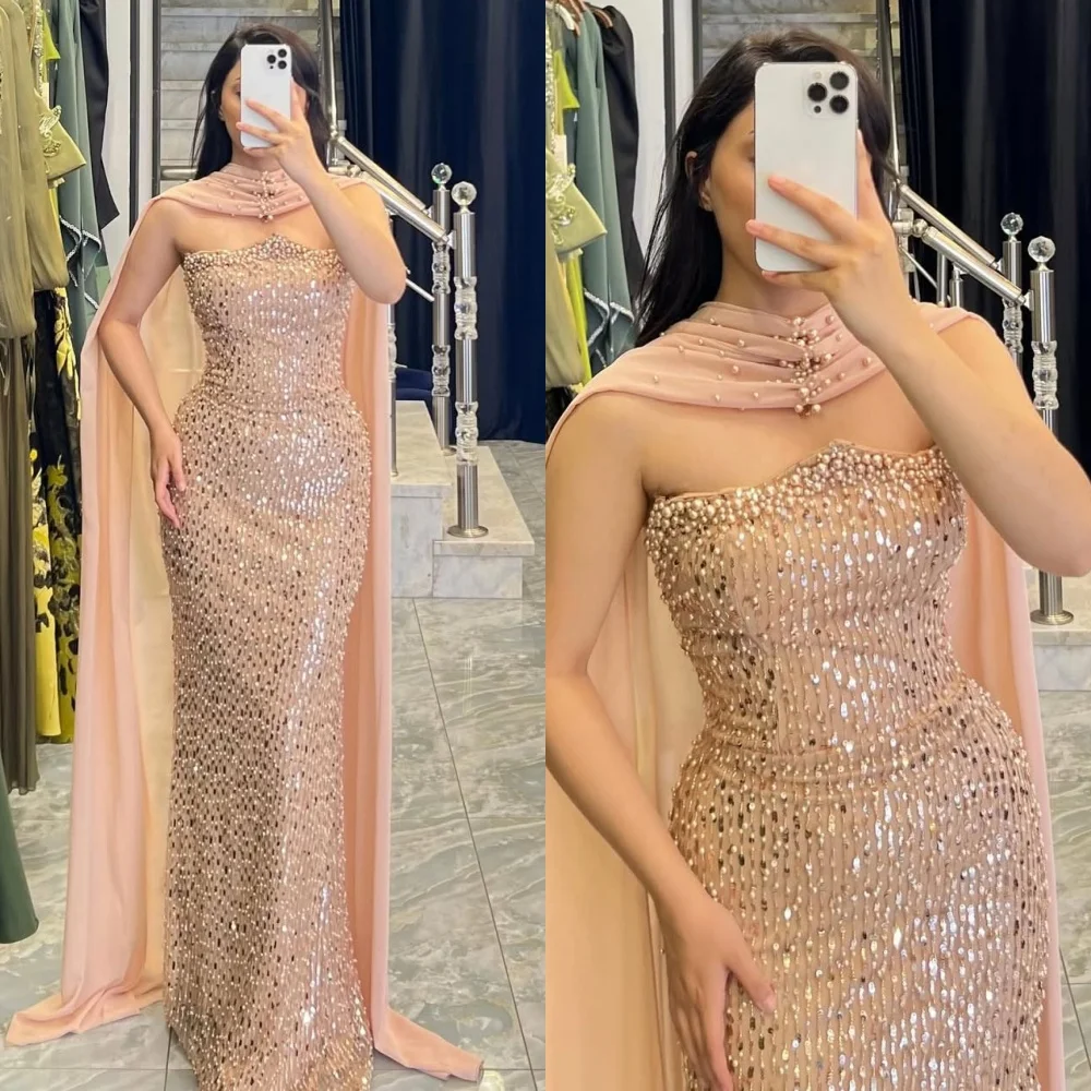 

Customized Exquisite Champagne Evening Dress Classic Strapless Shawl Homecoming Dress Sweep Train PearlsBespoke Occasion Gowns