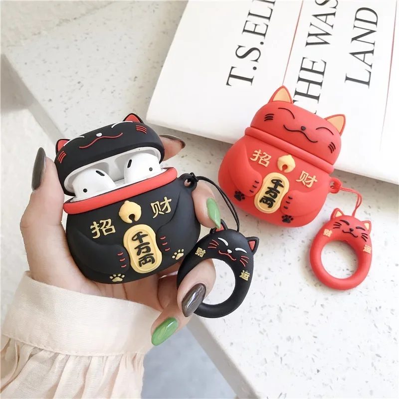 3D Cartoon Maneki Neko etui na słuchawki dla airpodów 1 2 3 słodkie Lucky Cat etui na słuchawki iPhone dla AirPods Pro silikonowe etui