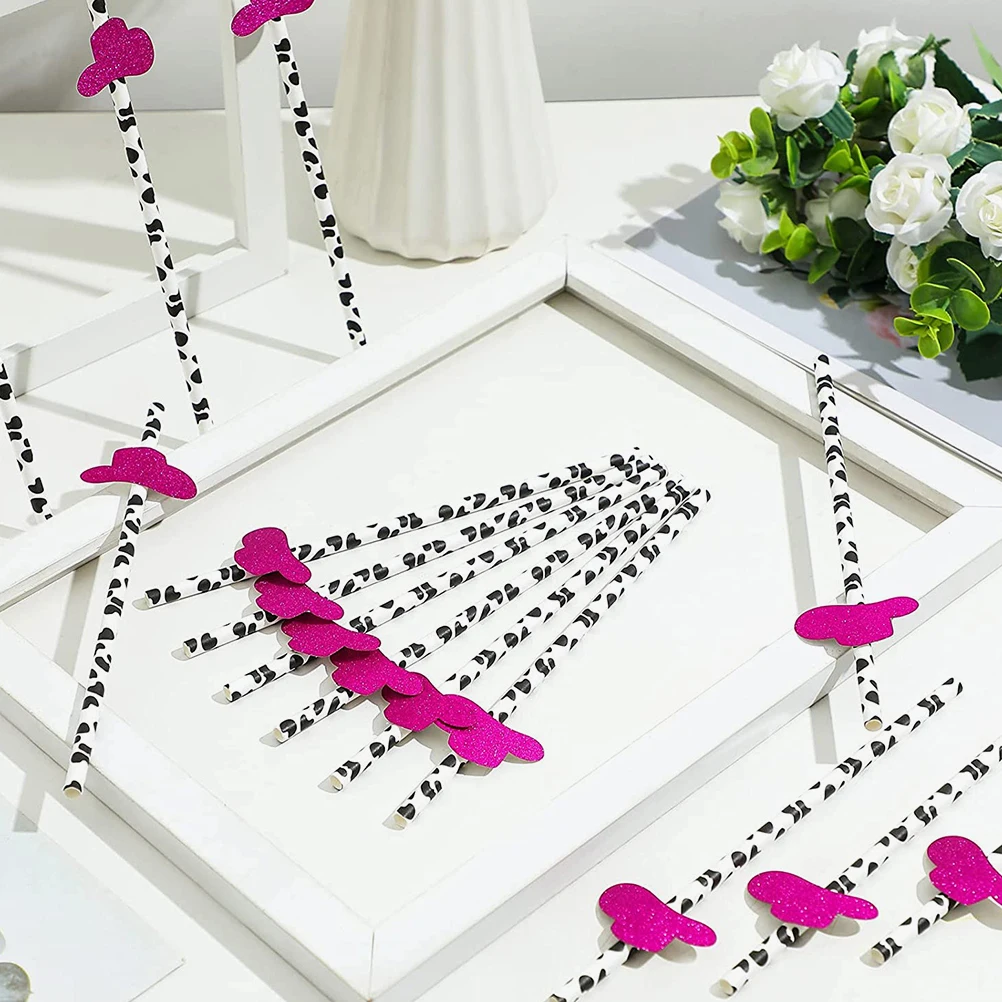 

30pcs Cow Hat Straws Pink Paper Drink Supplies Decoration Smooth Wall Easy Clean