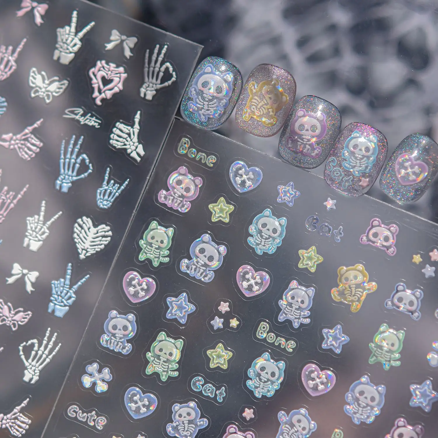 1pcs Colored Skeleton Cat Nail Stickers Cute Skeleton Hand Shaped Heart And Star Pattern Design Self Adhesive Nail Stickers DIY