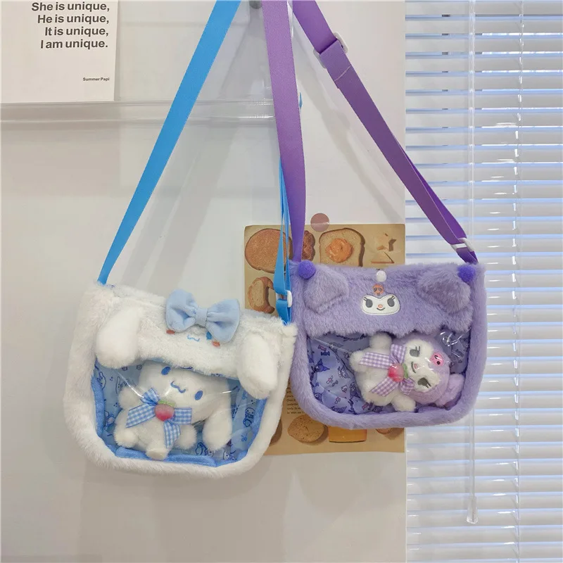 Neue Kawaii Sanrio Plüsch Transparente Messenger Bags Cinnamoroll Melody Kuromi Cartoon Puppe Hallo Kitty Geburtstagsgeschenk Handtasche