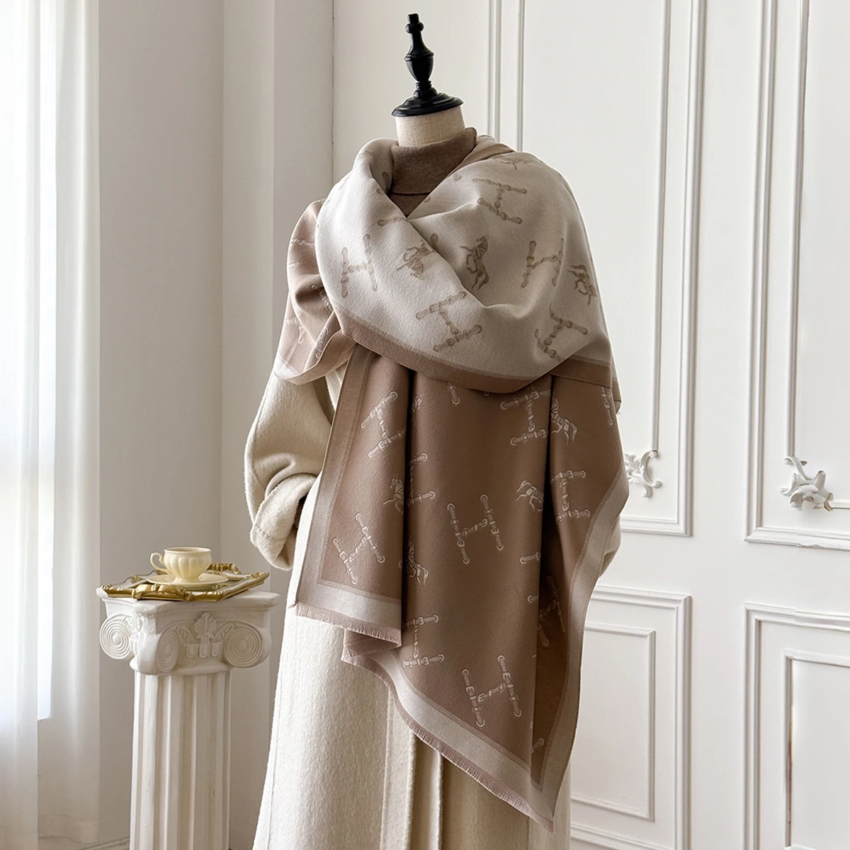 شال شتوي كشمير نسائي على الموضة من العلامة التجارية - لوحة زيتية كلاسيكية مطبوعة بالزهور على طراز الباشمينا غلاف سميك ومعطف #5