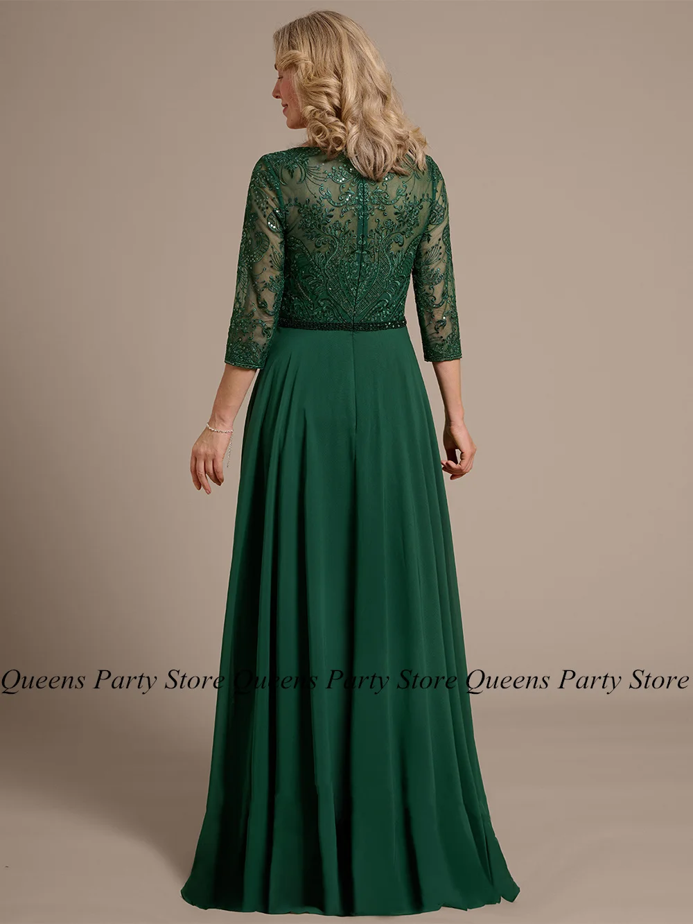 Green Mother of The Bride Dress Scoop Neck 3/4 Sleeves Sparking Sequined Applique Chiffon A Line Wedding Guest Gown Party Dress