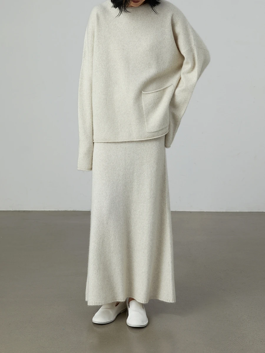 

Gaoguo Original Women's ey White Fur Wool Knitted Cuffed Sweater f Skirt Set Casual Loose Fit Long Sve