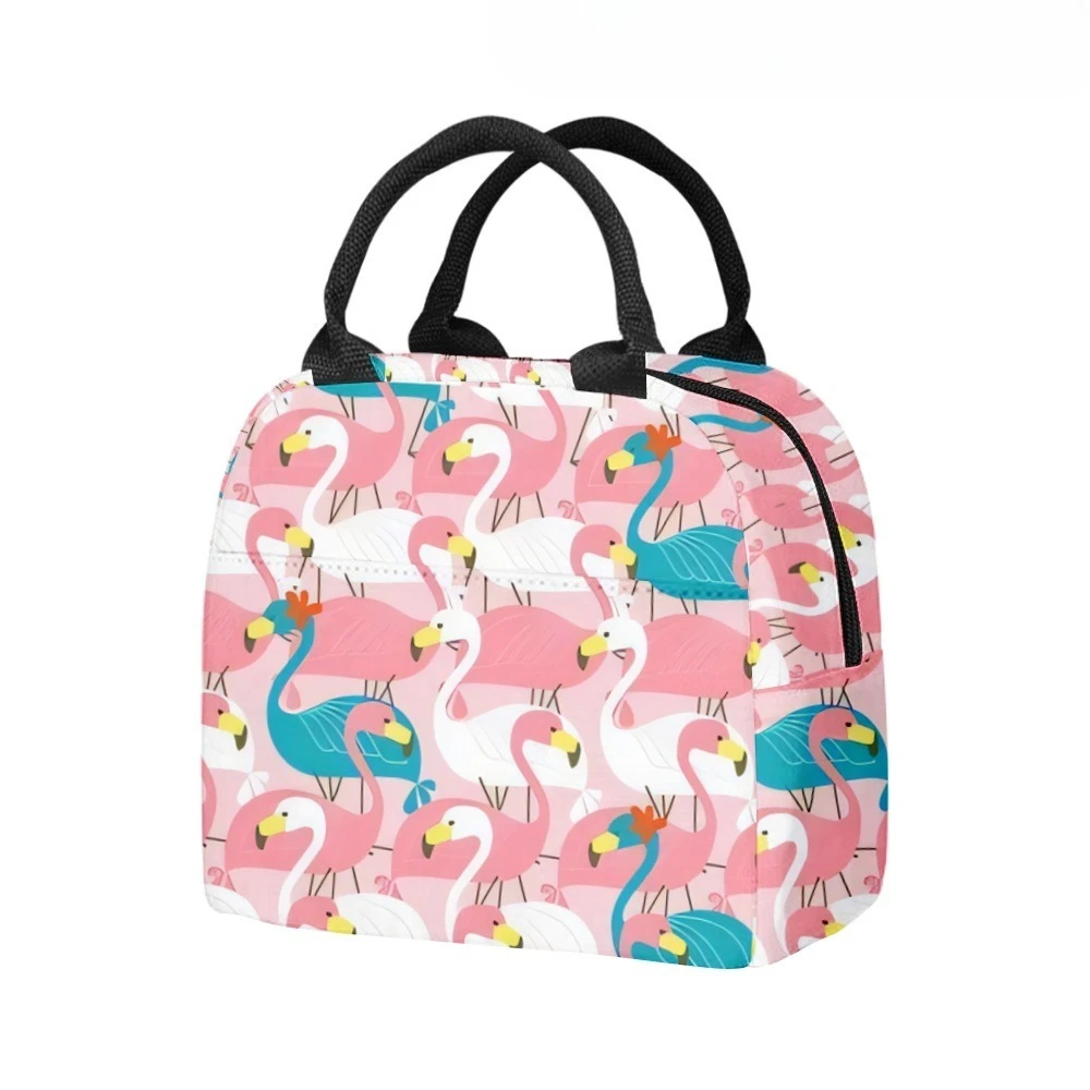 

​Flamingo Palm Trees Leaf Insulated Lunch Bag Side Pocket Waterproof Reusable Office Easy Clean Design for Work School Picnics