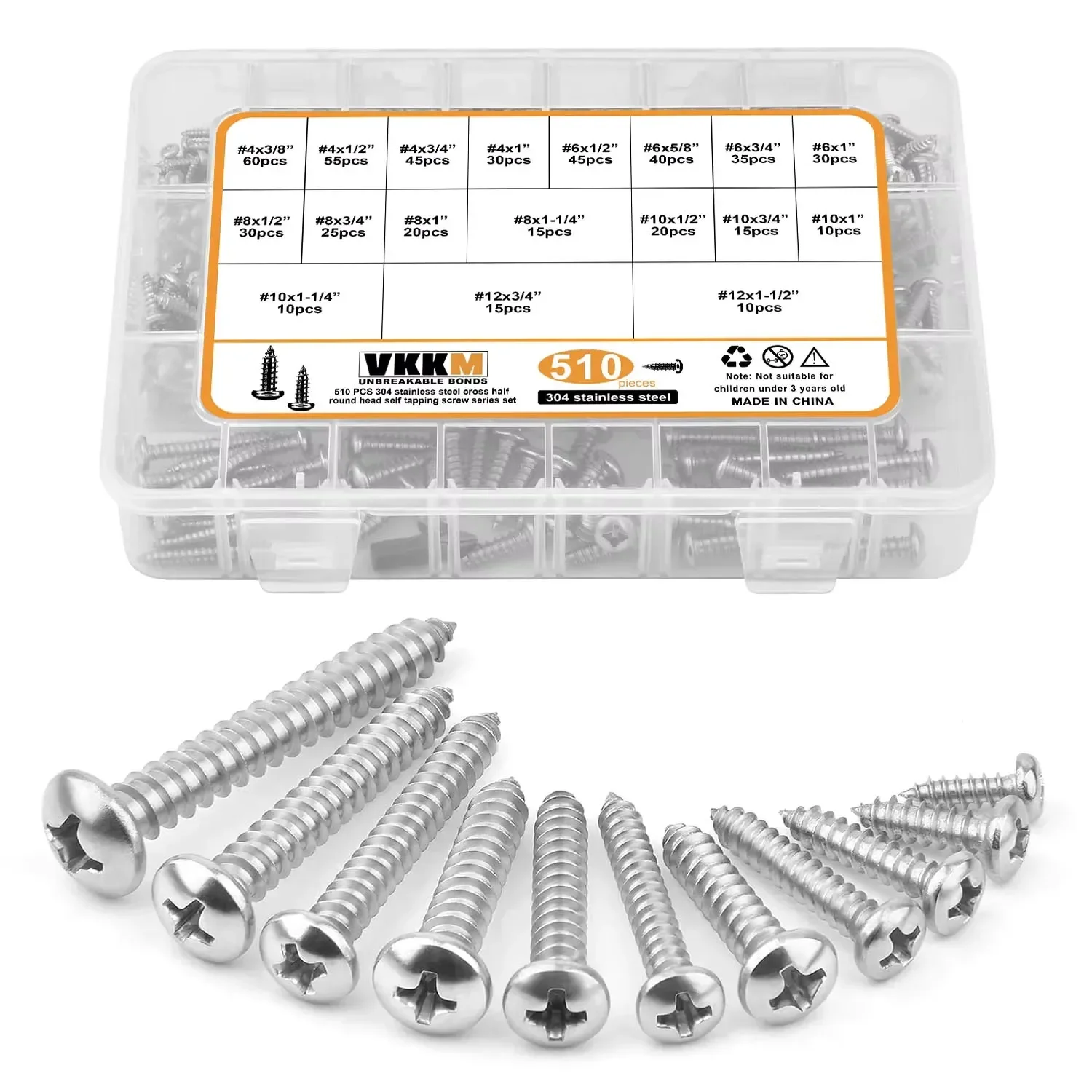 

VKKM 510 шт. Набор винтов с цилиндрической головкой из нержавеющей стали 304, несколько спецификаций с прочным ящиком для хранения