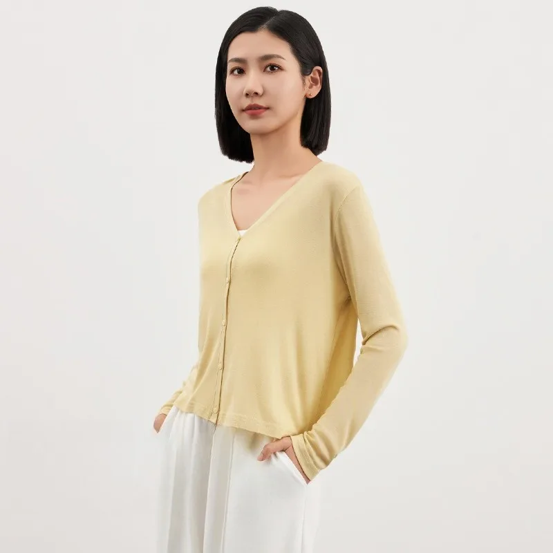 2026 New Tencel Lyocell Lightweight Knit Cardigan for Women V-Neck Green Long-Sleeve Air-Conditioner Jacket  White Cardigan