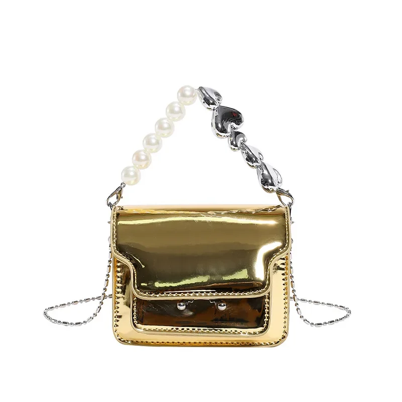 ‌ Глянцевая сумка из лакированной кожи SS 202520, мини-квадратная сумка для губной помады с жемчужной цепочкой, женская сумка через плечо для повседневной рабочей вечеринки