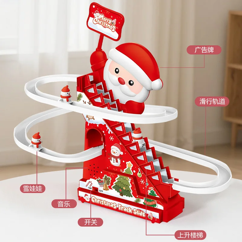 Santa presente montagem pista elétrica subir escadas iluminação música quebra-cabeça brinquedos de natal das crianças