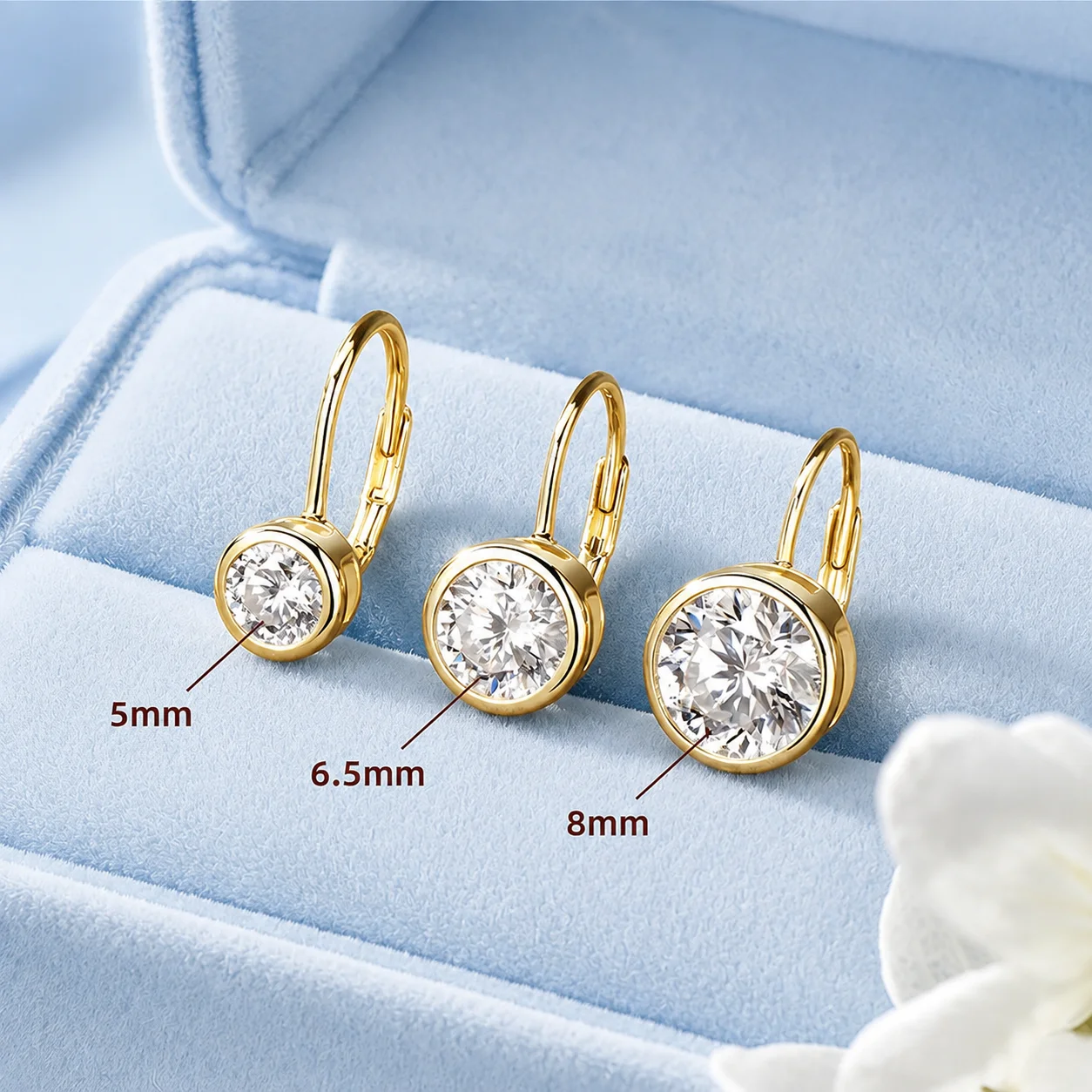 Celestinova 0.5-2ct Bezel Set Moissanite Earrings 14K Gold Plated D Color VVS1 Round Solitaire Leverback Jewelry for Women