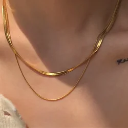 Personality Design Double Layer Snake Chain Necklaces for Women Classic Charm Cubic Chokers Gold Color Stainless Steel Jewelry