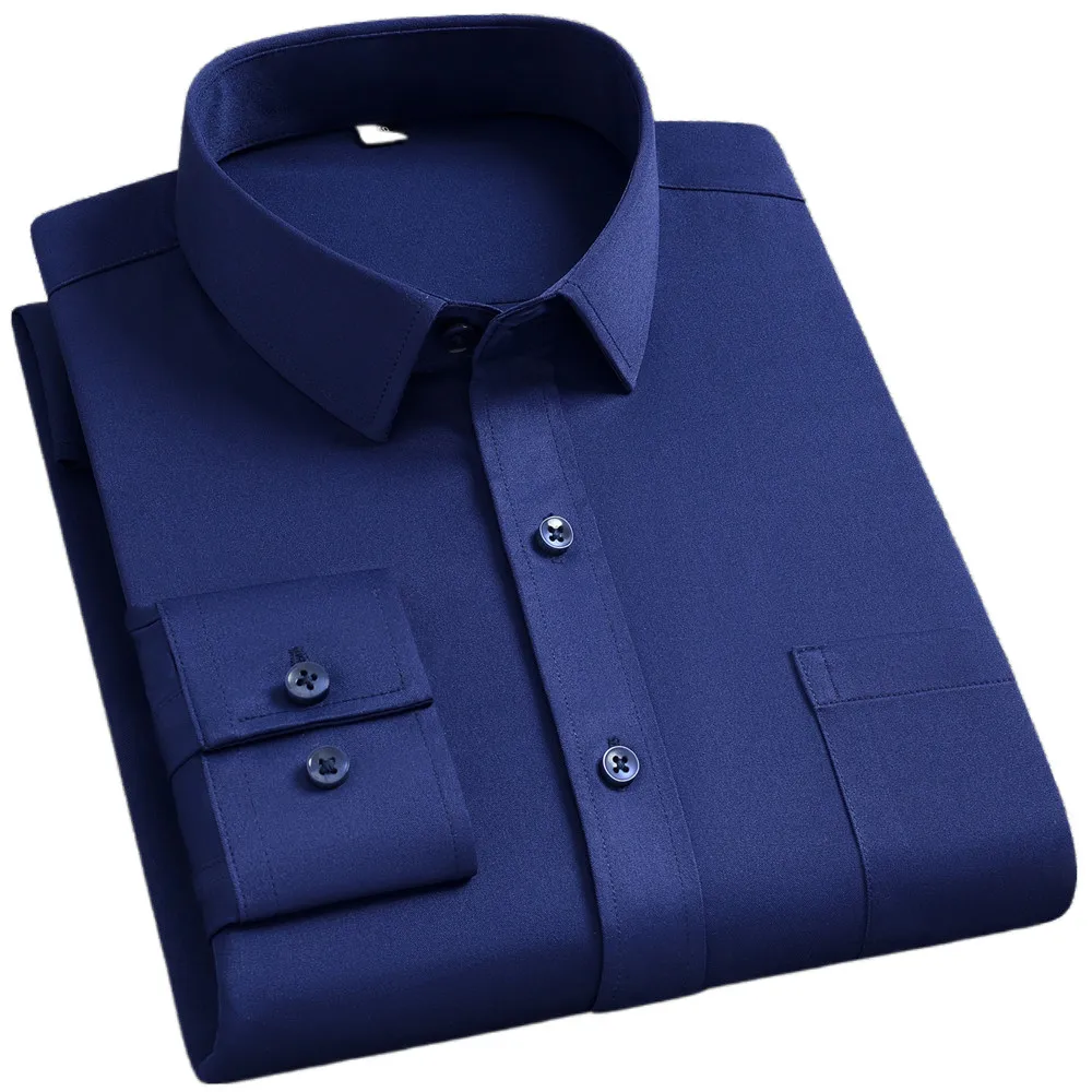 Classic Men\'s Business Shirt Long Sleeve Casual Office Wedding Solid Formal Social Soft Comfort Smmoth Fit Navy Man Clothes 4XL