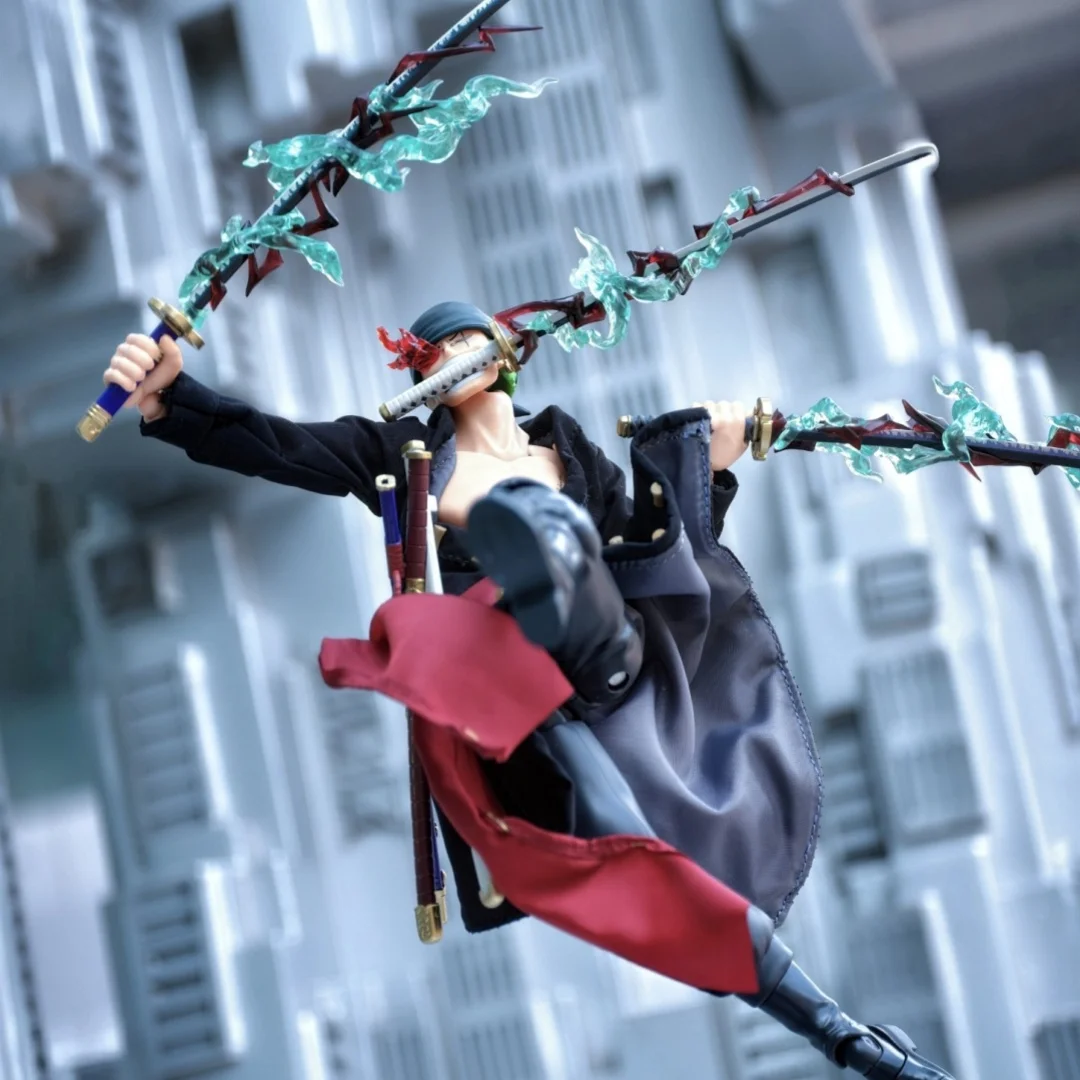 ワンピースアニメ手作り地獄の王ゾロコートセット、ウエストアクセサリー、ワイヤー内蔵衣装、1-12スケールフィギュアに適しています。