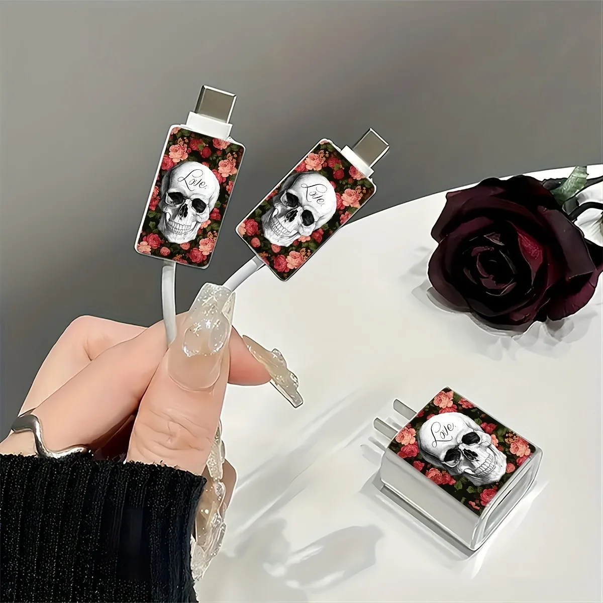 Rose Skull Evil Eye Cover for iPhone 18W/20W Compatible For iPhone 17/16/15/14 Pro Max 13/12/11 Shockproof Charger Protector