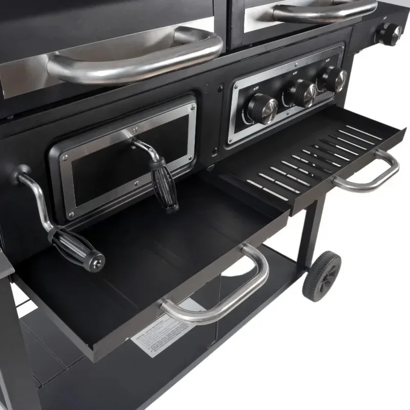 Outdoor Grill, Dual Fuel Gas and Charcoal Combination Grill, Black with Stainless Steel