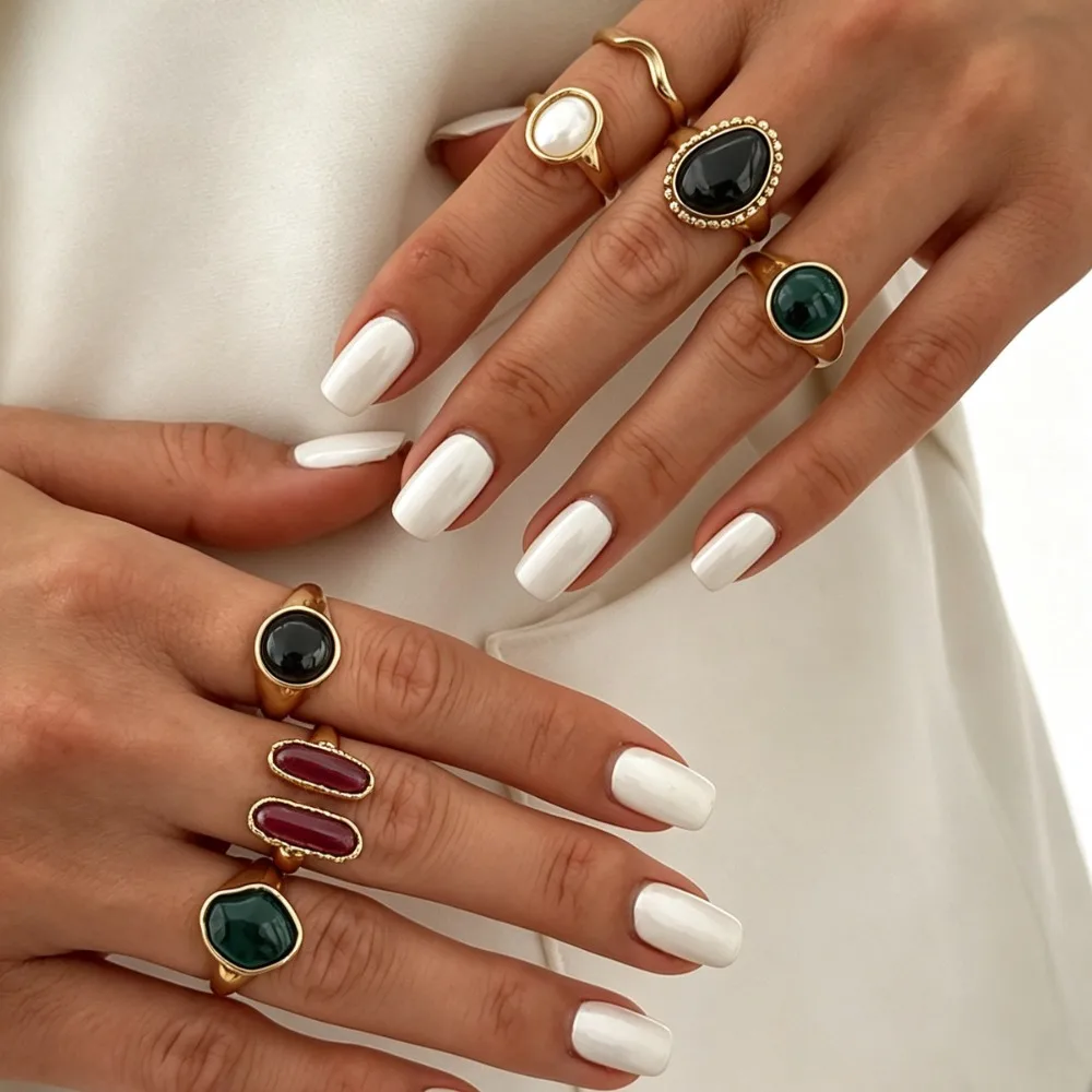 7pcs Set Vintage Geometric Swirl Resin Cabochon Ring Gold Tone Bezel Wide Band Stackable Finger Rings for Women Party Jewelry