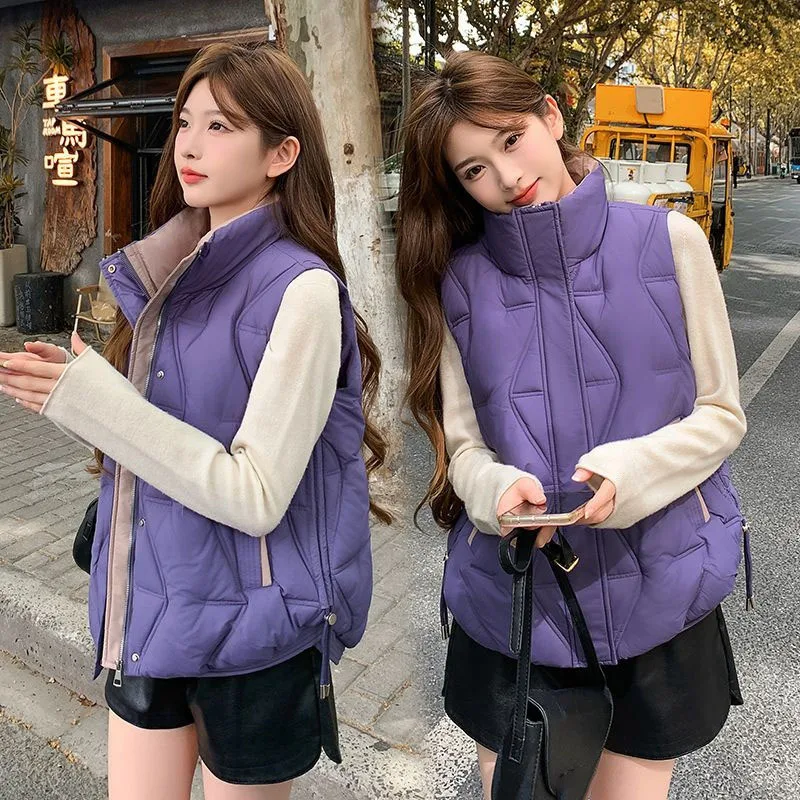 Autumn Lady Stand Collar Sleeveless Jacket Winter Women Fashion Loose Waistcoat Coat American Female Color Blocking Vest Outwear