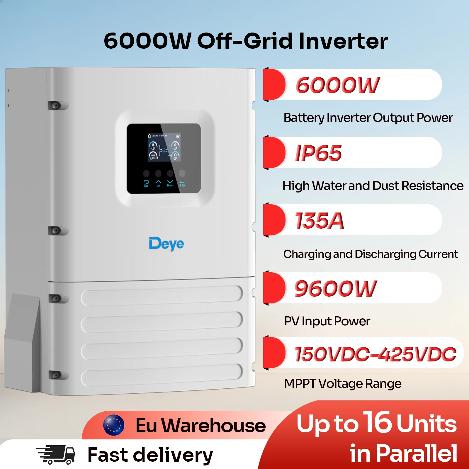 Deye 6kW Off-Grid Solar Inverter 9600W PV 135A Charge/Discharge IP65 Dual AC Output Zero Feed-in for Home Energy Systems