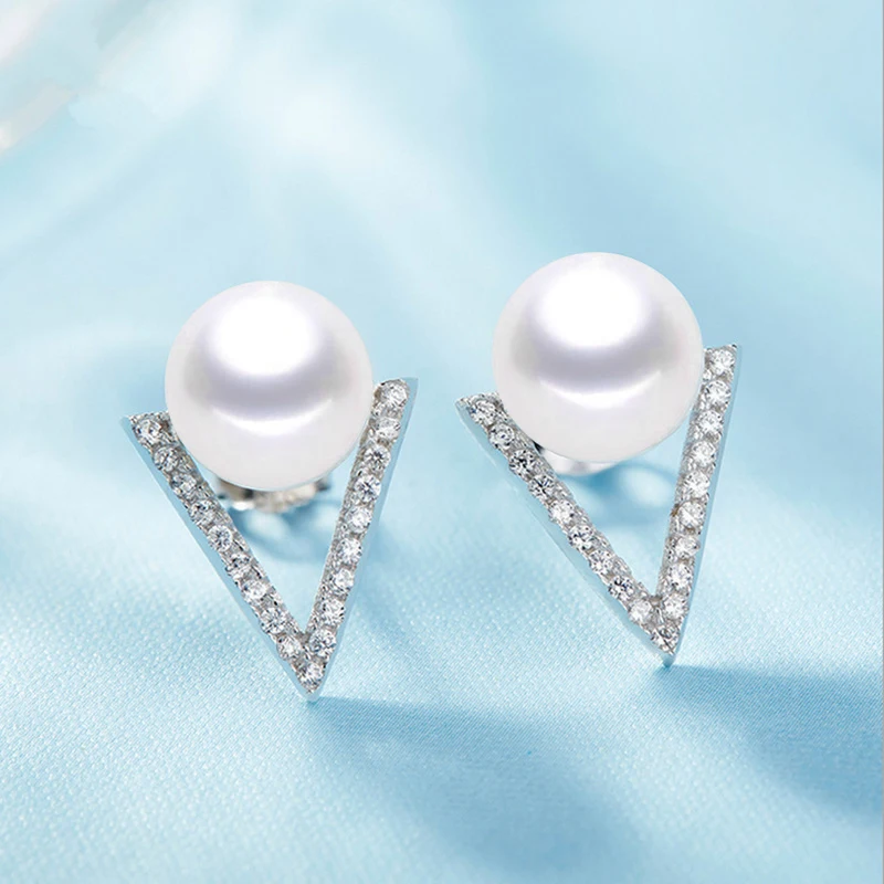 S925 Sterling Silver Natural Pearl Triangle Earrings For Women 8-9mm Perfect Real Natural Pearl  Stud Earrings Free Shipping