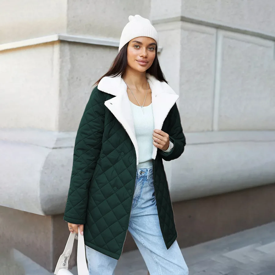 

Autumn Winter Women's Mid-Length Long Sleeve High Warm Coat Loose Casual Cotton Clothing Turn-Down Collar Jacket For Women