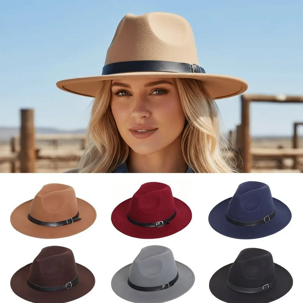 Universal Wide Brim Fedora Hat with Belt Soft Felt British Style Felt Hat Formal Hat Women Men
