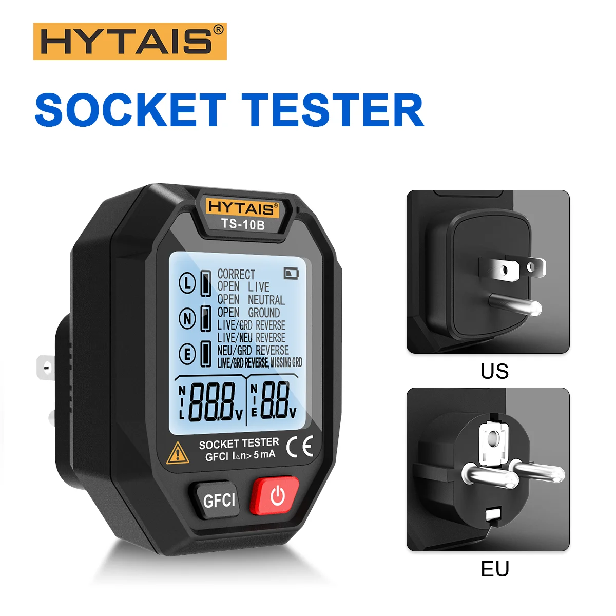 TS-10B Outlet Detector Battery Powered Smart Sock Detector Backlit Display EU US Ground Live Neutral Wire Polarity Phase Check