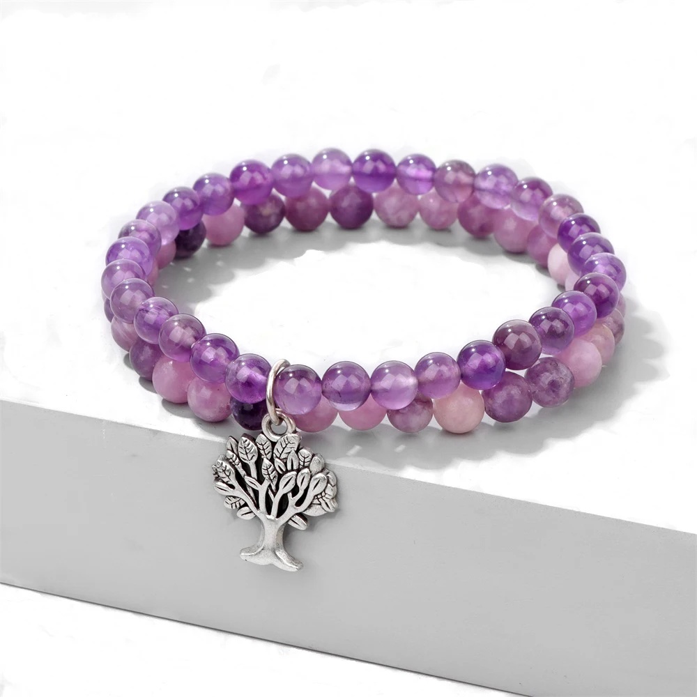 2PCS Purple Amethysts Lilac Jaspers Beads Bracelet Boho Tree Of Life Pendant Charm Bracelets For Women Men Friendship Jewelry