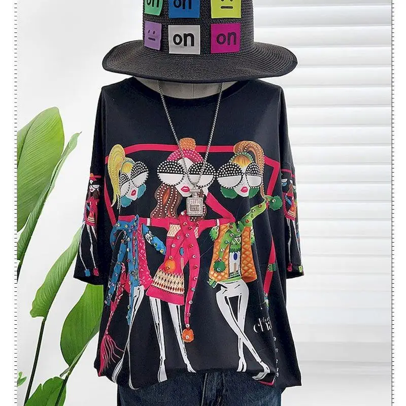 Cotton T Shirts Women Beauty Pattern Printed T-shirt Hot Fix Niche Design Half Sleeve Tops 2025 New in Summer Trendy Tshirt Y2k