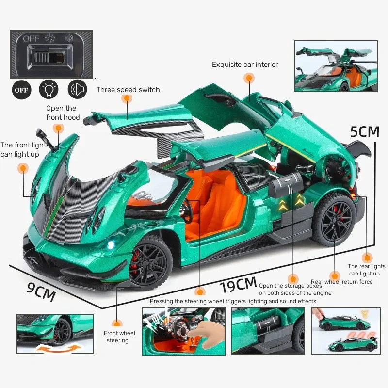 Pagani Huayra BC-supercoche de aleación a escala 1:24, modelo de coche de Metal fundido a presión, colección de sonido y luz, juguete para niños, vehículo en miniatura, regalos