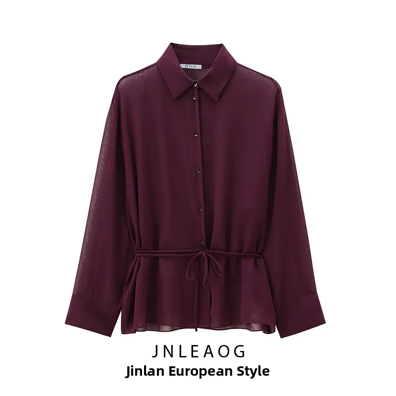 

JNLEAOG Autumn New Women's Faion Design Knot Decorated Drapey irt Polyester Long Sve Girls' Regular Length