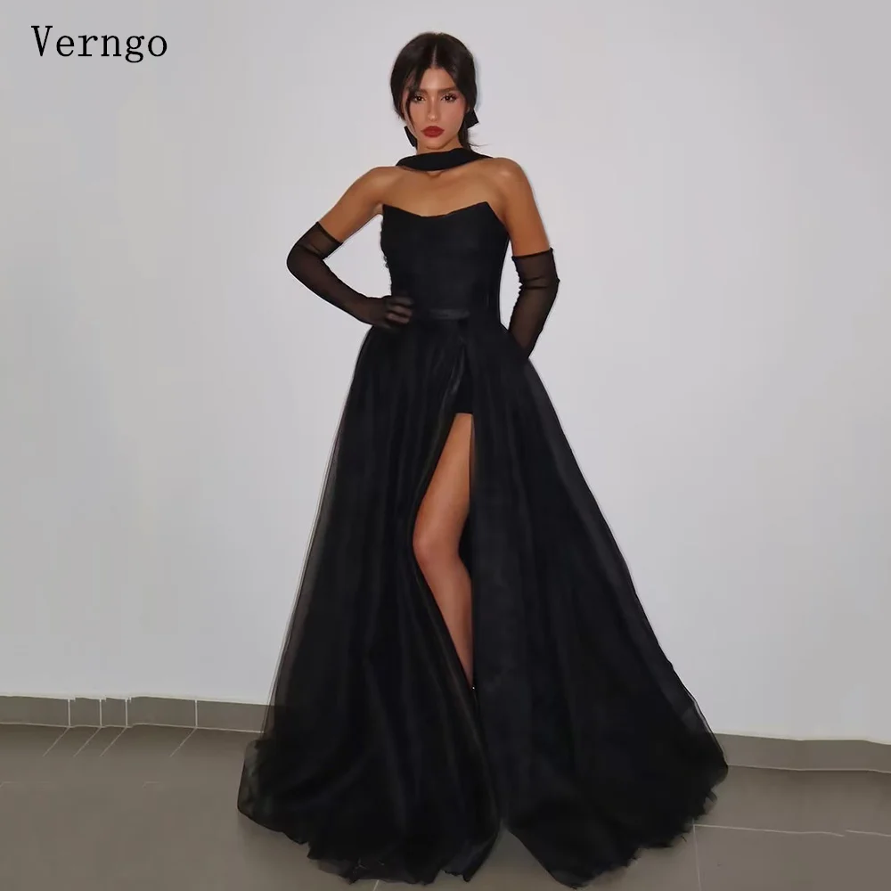 

Verngo Black Tulle Evening Dress Strapless A Line Side Slit Prom Party Dress Women Sexy Floor Length Prom Gowns